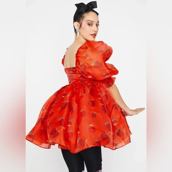 Selkie Red Strawberry Puff Dress L - Picture 3 of 10